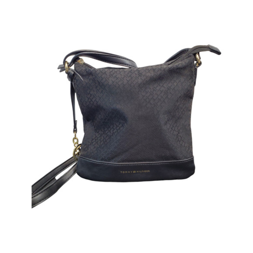 Tommy Hilfiger Crossbody Bag Womens Black Adjustable Straps Monogram Clouser Zip